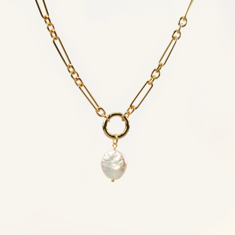 Zestaw srebrny pozłacany naszyjnik z ogniw i zawieszka z naturalną perłą.