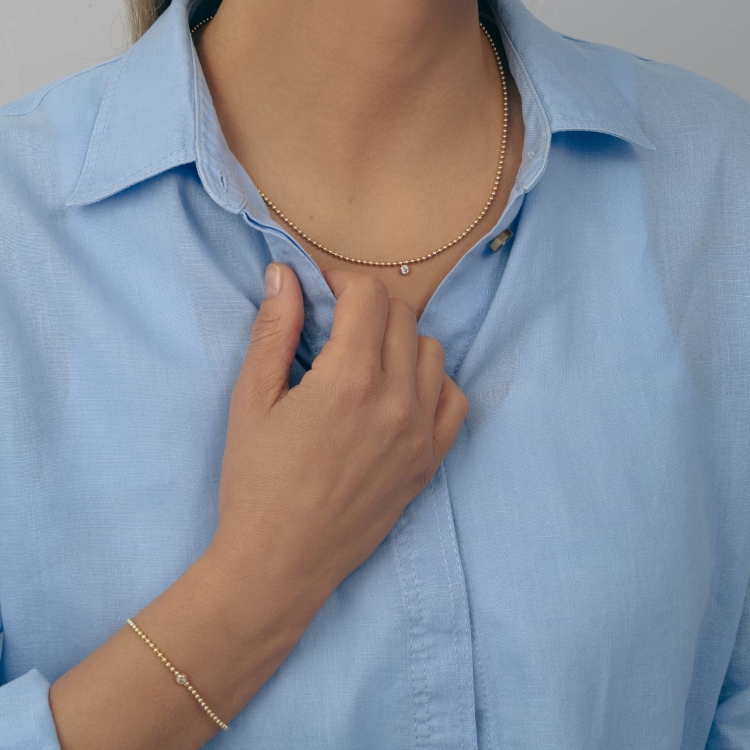 Zestaw naszyjnik i bransoletka srebro 925 pozłacane kuleczki cyrkonia elegancki minimalistyczny biżuteria prezent ślub.