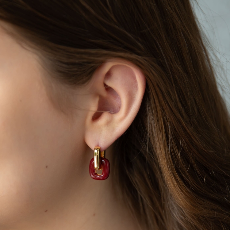 Kolczyki ogniwa srebrne pozłacane  bordowa emalia.