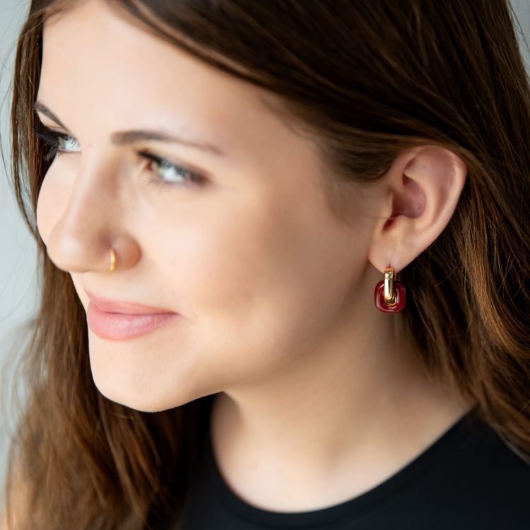 Kolczyki ogniwa srebrne pozłacane  bordowa emalia.