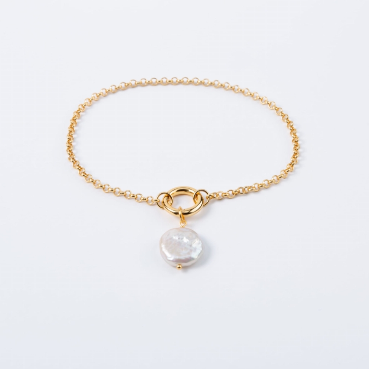 Zestaw srebra pozłacana bransoletka z kółkiem i zawieszka z naturalnej perły.