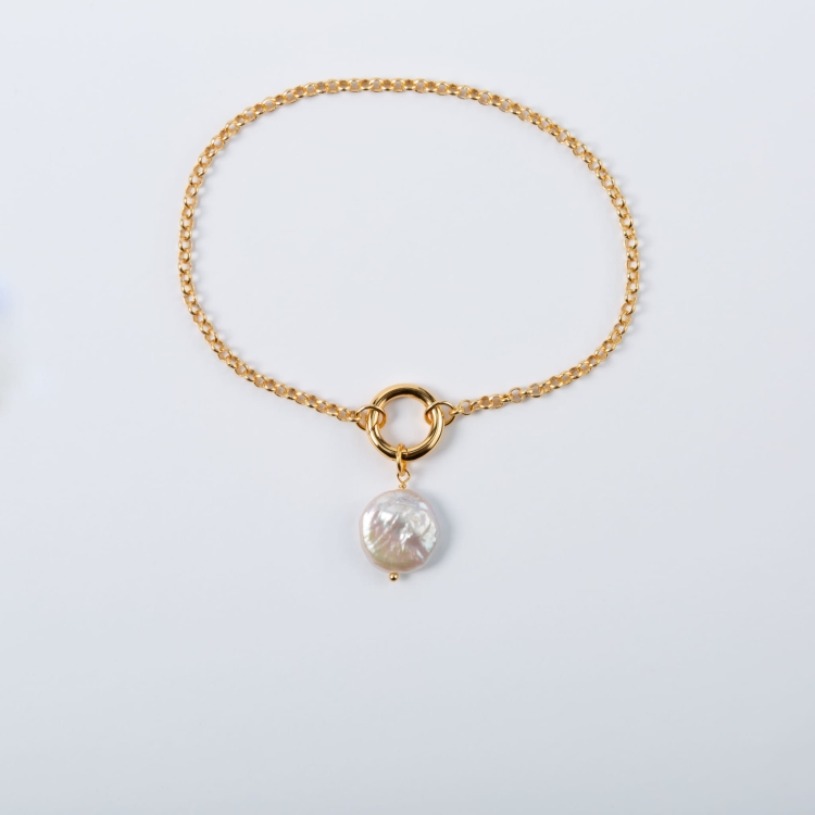 Zestaw srebra pozłacana bransoletka z kółkiem i zawieszka z naturalnej perły.