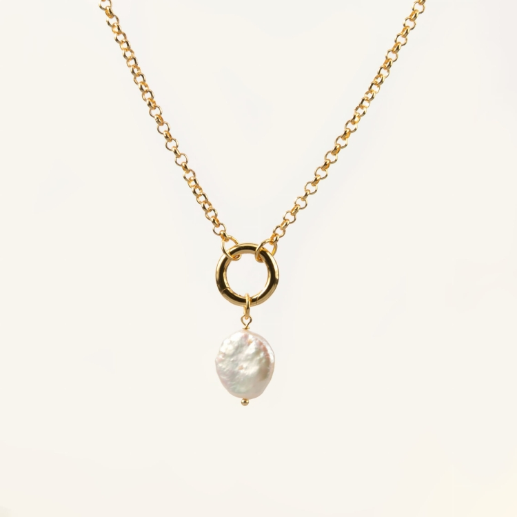 Zestaw srebrny pozłacany naszyjnik z kółeczkiem i zawieszka z perłą.