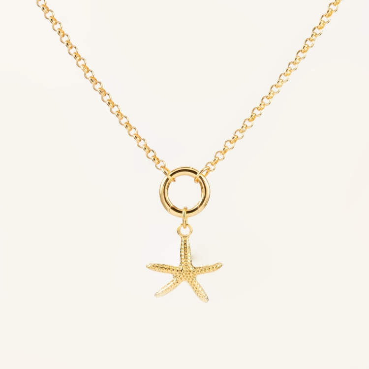 Zestaw srebrny pozłacany naszyjnik z kółeczkiem i zawieszką w kształcie rozgwiazdy.