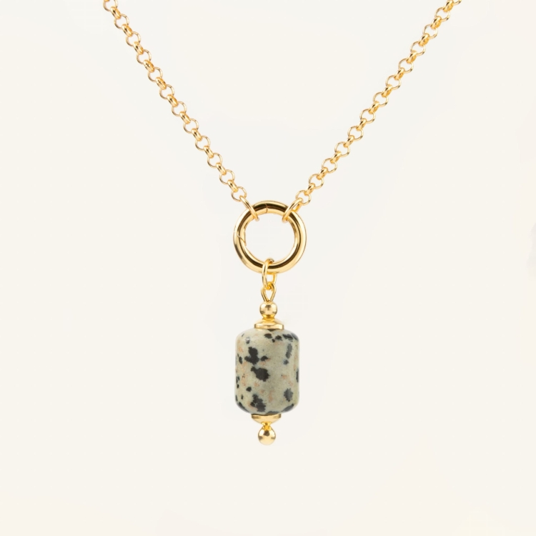 Zestaw srebrny pozłacany naszyjnik z kółkiem i zawieszką z kamienia jaspis dalmatyński.