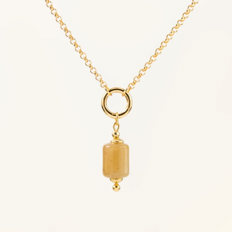 Zestaw srebrny pozłacany naszyjnik z kółkiem i zawieszką z żółtego kamienia.