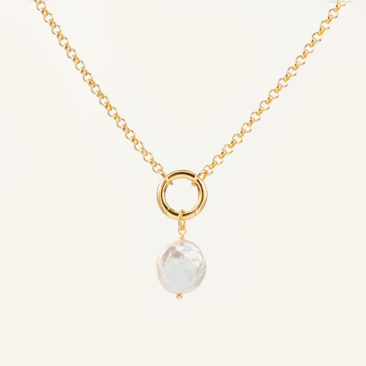 Zestaw srebrny pozłacany naszyjnik z kółeczkiem i zawieszka z perłą.