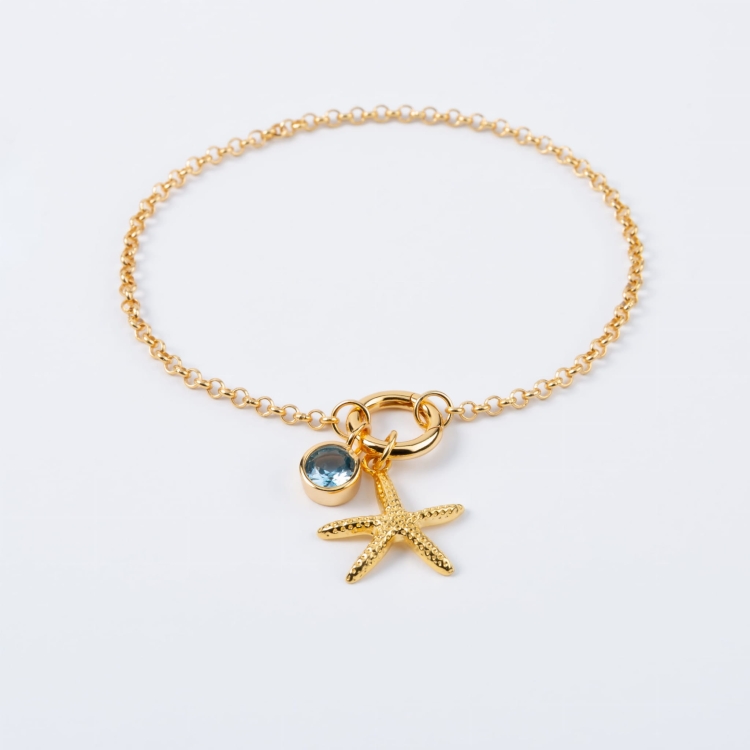 Zestaw srebrna pozłacana bransoletka zawieszka rozgwiazda zawieszka z niebieskim oczkiem.