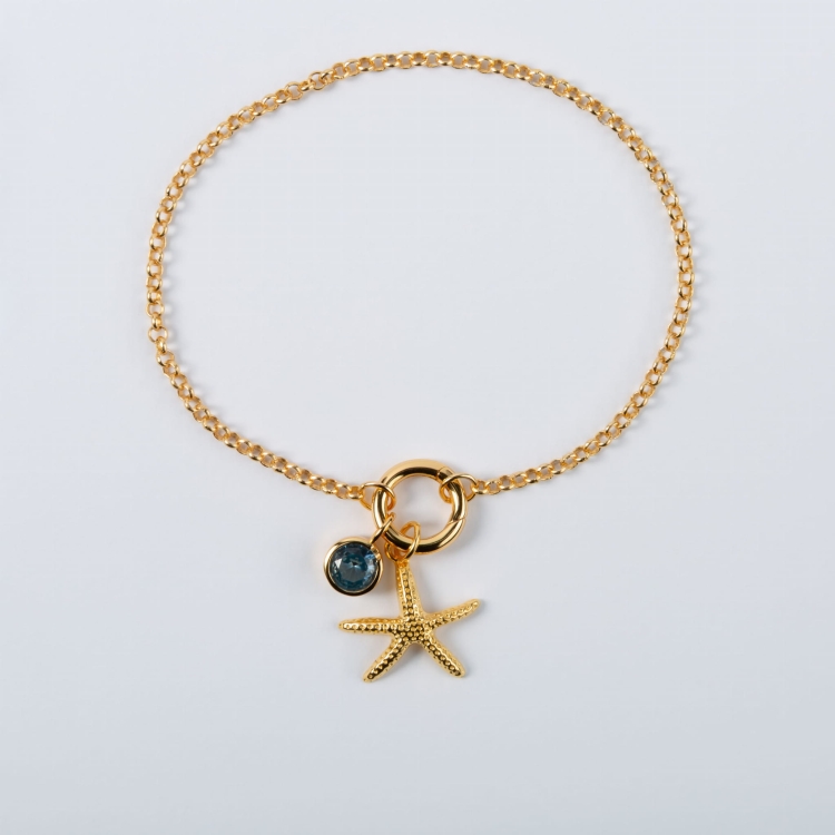 Zestaw srebrna pozłacana bransoletka zawieszka rozgwiazda zawieszka z niebieskim oczkiem.