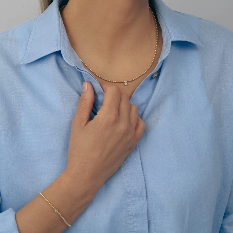 Zestaw naszyjnik i bransoletka srebro 925 pozłacane kuleczki cyrkonia elegancki minimalistyczny biżuteria prezent ślub.